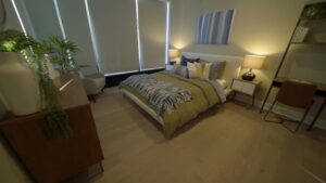 The master bedroom of a one-bedroom luxury apartment at Riverwalk Philadelphia